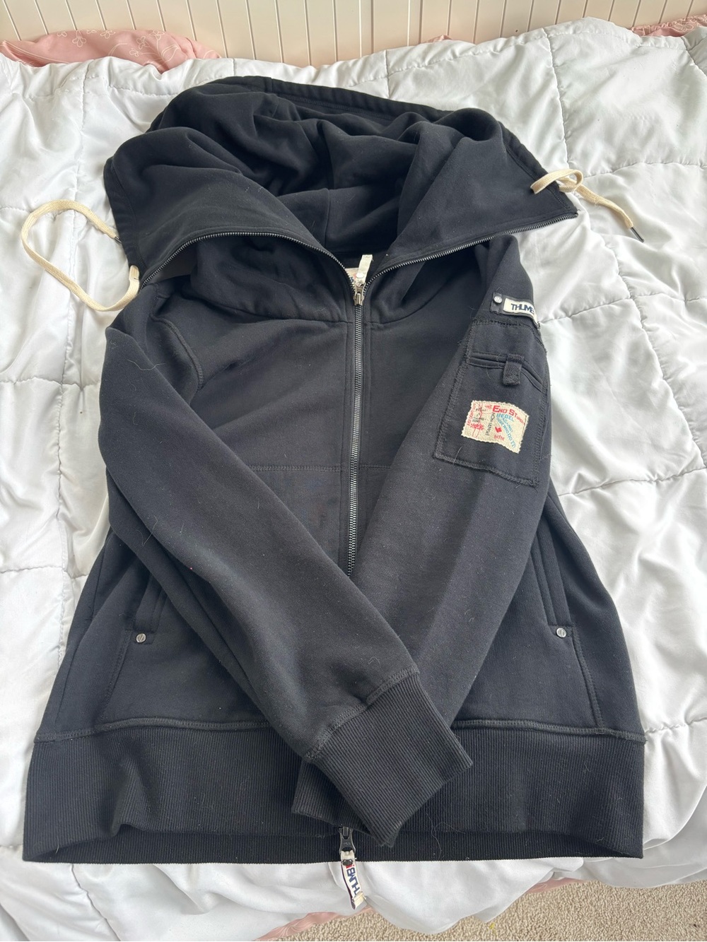 Thumb United “Casey” Fleece Hoodie - Black Full Zip, Oversized Cowl Collar - Picture 4 of 8